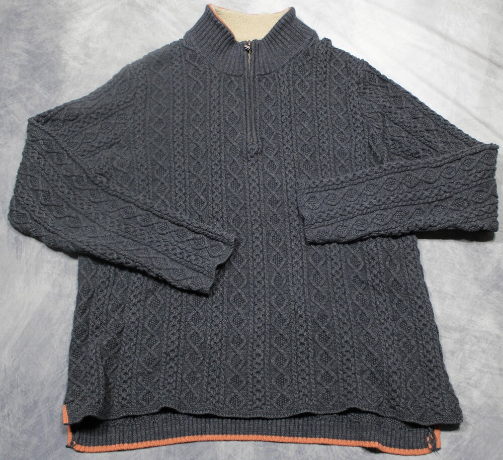 Carbon2cobalt 1/4 Zip Fisherman Cable Knit Sweater Mens XL Gray